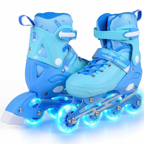 Costway 4-Size Adjustable Roller Skates Inline Skating Shoes Roller Blades Light-up Gift Beginner Age 5-7 Blue