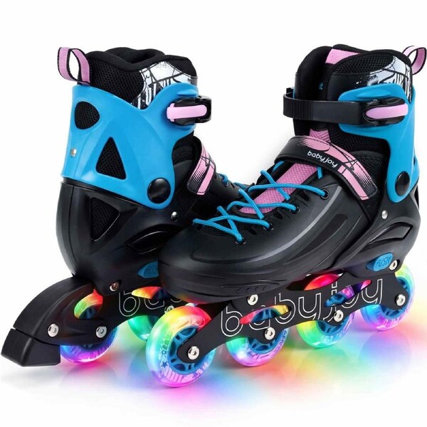 Costway 4-Size Adjustable Roller Skates Inline Skating Shoes Roller Blades Light-up Gift Beginner Age 7-9 Black