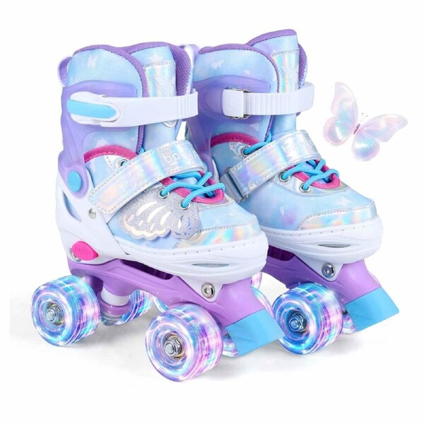 Costway 4-Size Adjustable Roller Skates Fun Quad Skating Shoes Roller Blades Light-up Butterfly-Themed Beginner Age5-7 Blue
