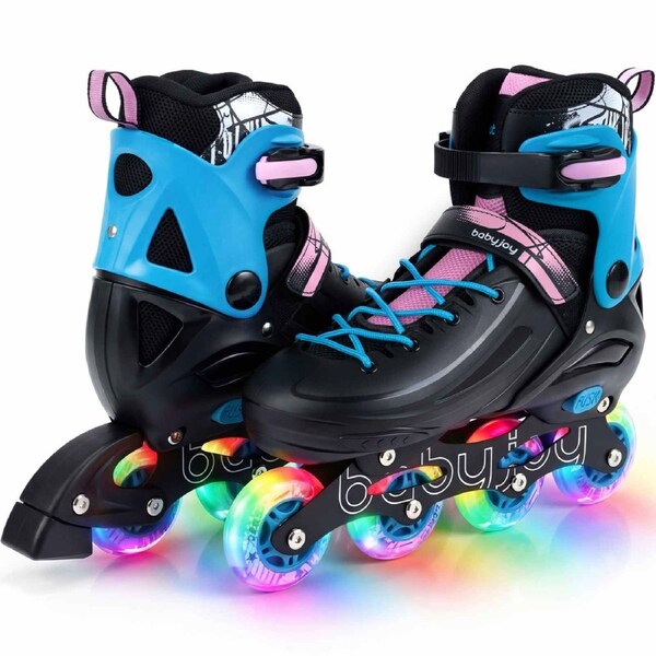 Costway 4-Size Adjustable Roller Skates Inline Skating Shoes Roller Blades Light-up Gift Beginner Age 9-14 Black