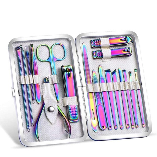 Nevenka 18 Pcs Rainbow Manicure Tools with Leather Case for Men Women