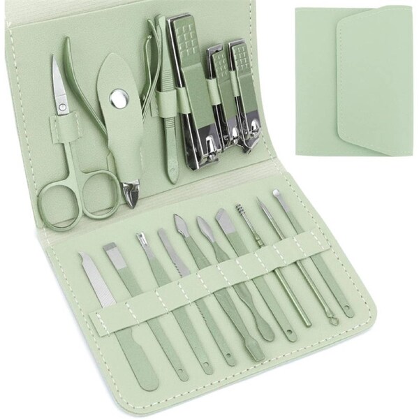 Nevenka 16 Pcs Nail Care Tools with Leather Case Grooming Kit for Thick Nails-Green
