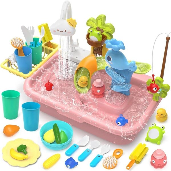 HOLALA Play Sink with Running Water Kitchen Sink Toys with Electric Faucet for Kids-Pink
