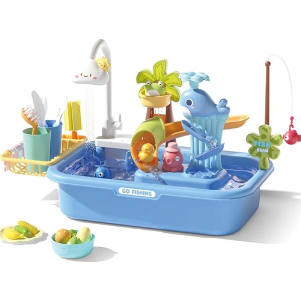 HOLALA Play Sink with Running Water Kitchen Sink Toys with Electric Faucet for Kids-Blue