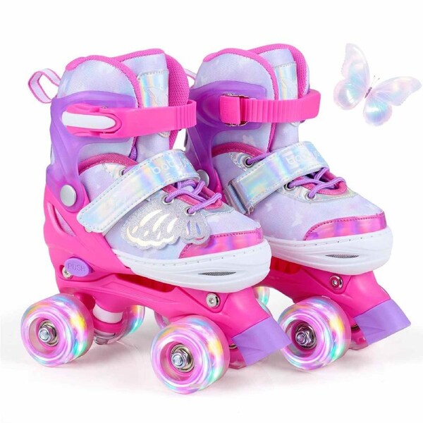 Costway 4-Size Adjustable Roller Skates Fun Quad Skating Shoes Roller Blades Light-up Butterfly-Themed Beginner Age5-7 Pink