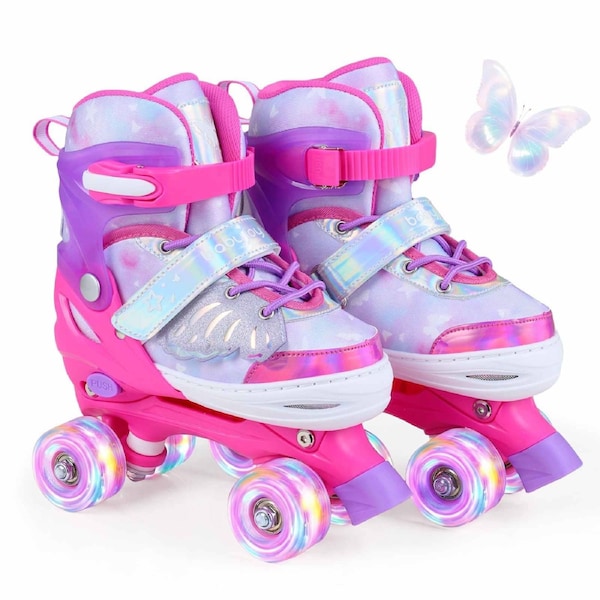 Costway 4-Size Adjustable Roller Skates Fun Quad Skating Shoes Roller Blades Light-up Butterfly-Themed Beginner Age7-9 Pink