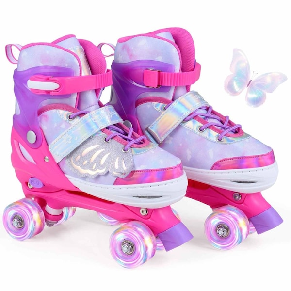 Costway 4-Size Adjustable Roller Skates Fun Quad Skating Shoes Roller Blades Light-up Butterfly-Themed Beginner Age9-14 Pink