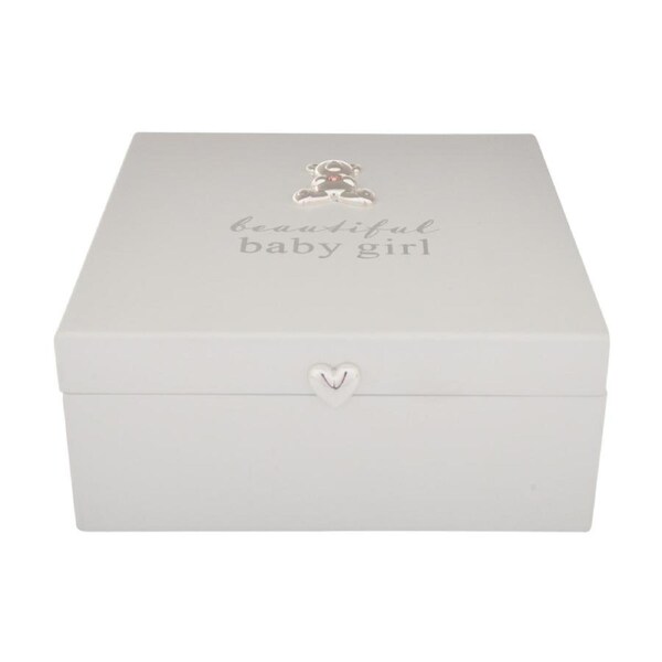 Gibson Gifts Baby Girl Keepsake Box White w/ Teddy Bear Pink Crystal