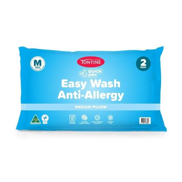 2pc Tontine Quick Dry Easy Wash Anti Allergy Bedding Pillows Set Medium