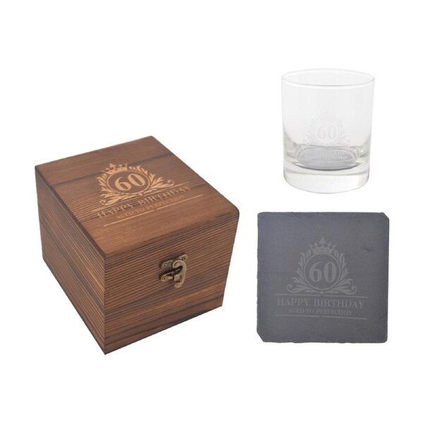 Gibson Gifts 60th Birthday Glass Coaster Set Whiskey Burnt Wood