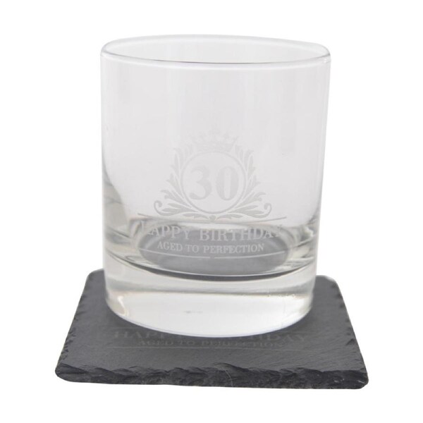 Gibson Gifts 30th Birthday Glass Coaster Set Whiskey Burnt Wood
