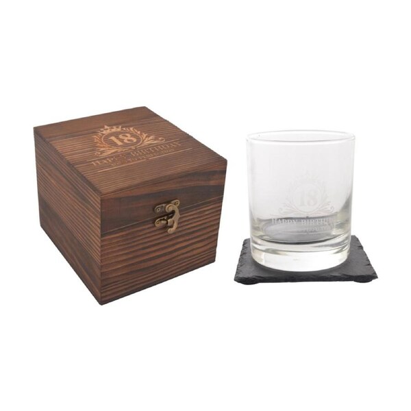 Gibson Gifts 18th Birthday Glass Coaster Set Whiskey Burnt Wood