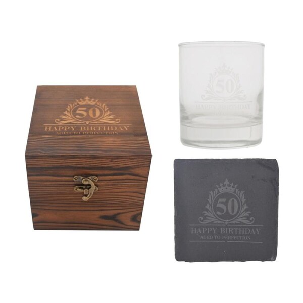 Gibson Gifts 50th Birthday Glass Coaster Set Whiskey Burnt Wood