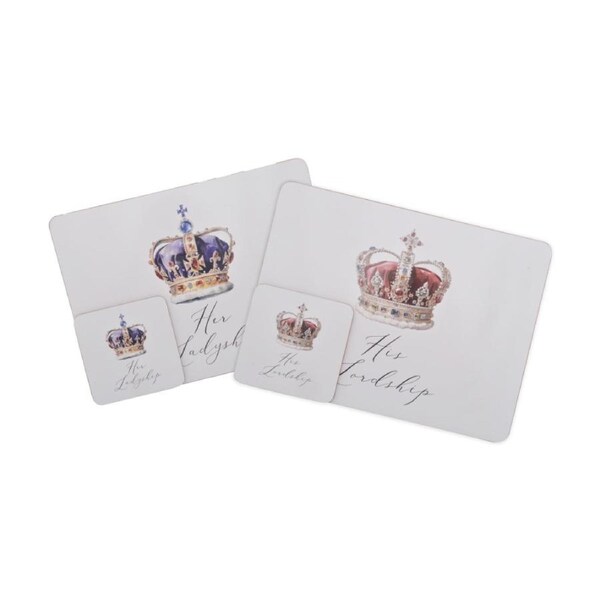 4pc Lesser & Pavey Lordship Ladyship Placemat Coaster Set White