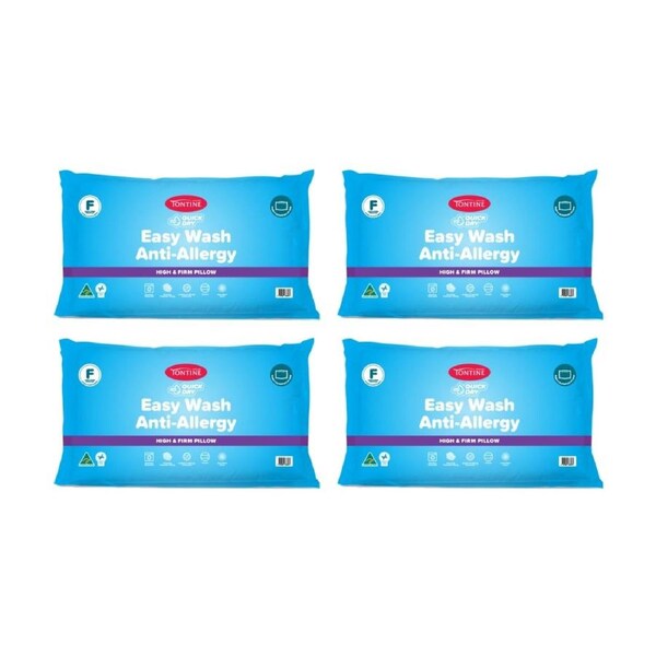 4PK Tontine Quick Dry Easy Wash Anti Allergy Bedding Pillow High & Firm