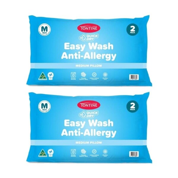 2x 2pc Tontine Quick Dry Easy Wash Anti Allergy Bedding Pillows Set Medium