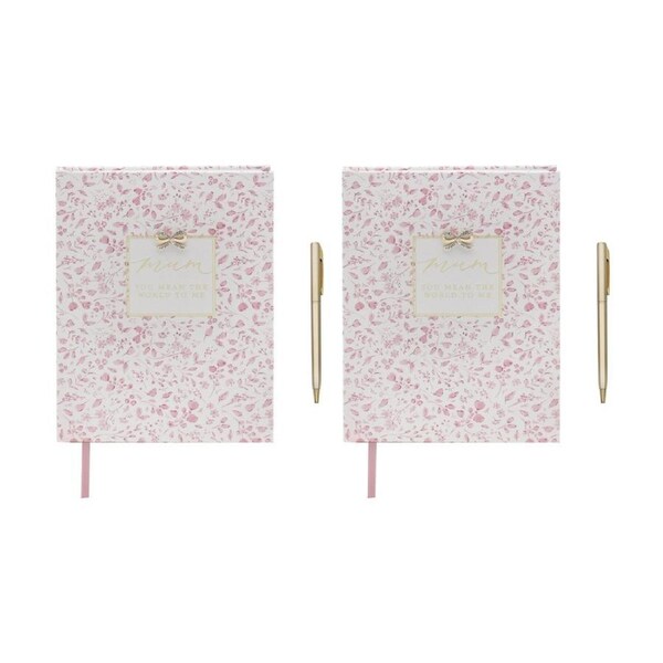 2PK Madelaine Hearts Mum Notebook And Pen Set Pink Floral w/ Gold Script