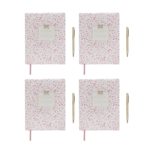 4PK Madelaine Hearts Mum Notebook And Pen Set Pink Floral w/ Gold Script