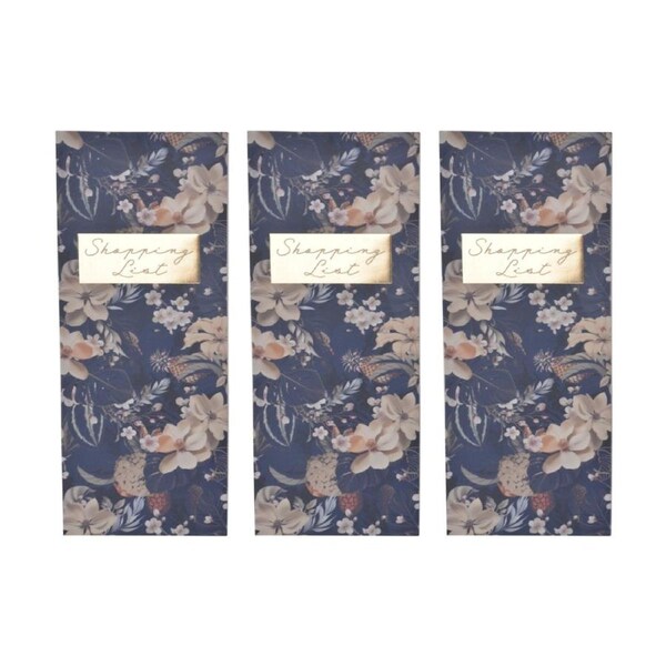 3PK Zara Shopping List Notepad Navy Blue Floral Design w/ Gold Lettering