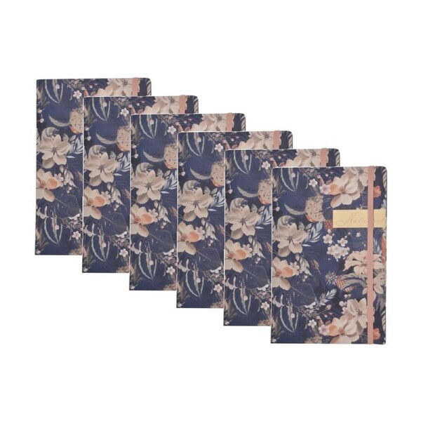 6PK Zara A5 Notebook Navy Blue Floral Design w/ Peach Accents & Elastic