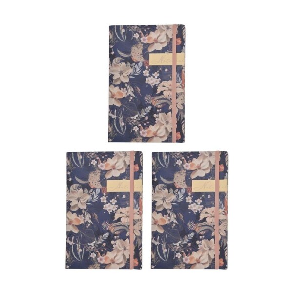 3PK Zara A5 Notebook Navy Blue Floral Design w/ Peach Accents & Elastic