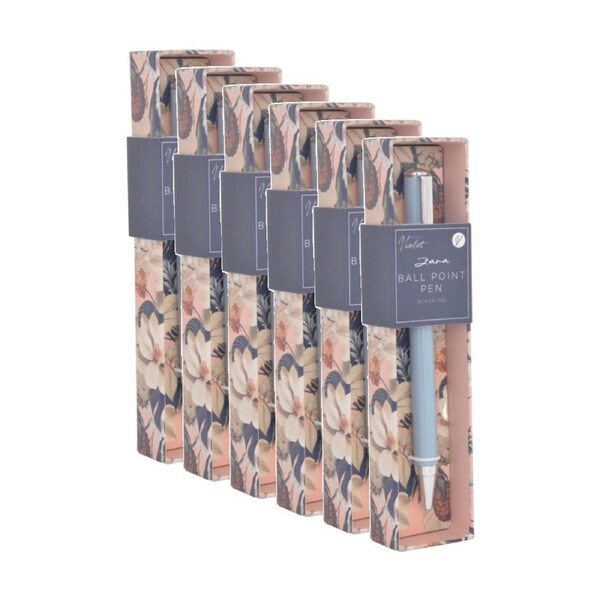 6PK Zara Barrel Ball Point Writing Pen Aqua Pastel w/ Silver Accents