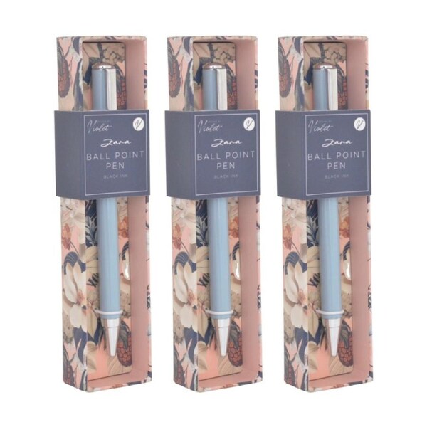 3PK Zara Barrel Ball Point Writing Pen Aqua Pastel w/ Silver Accents