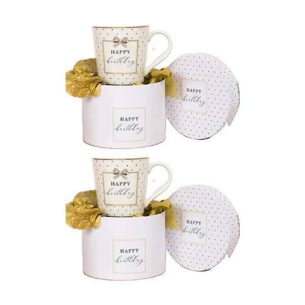 2PK Madelaine Birthday Fine China Coffee Mug w/ Gold Rim Bow Pink