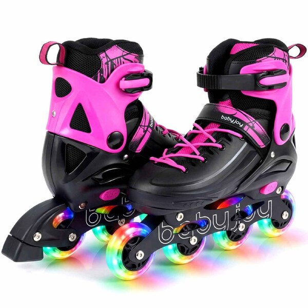 Costway 4-Size Adjustable Roller Skates Inline Skating Shoes Roller Blades Light-up Gift Beginner Age 9-14 Pink