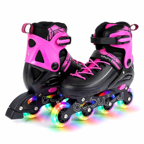 Costway 4-Size Adjustable Roller Skates Inline Skating Shoes Roller Blades Light-up Gift Beginner Age 7-9 Pink