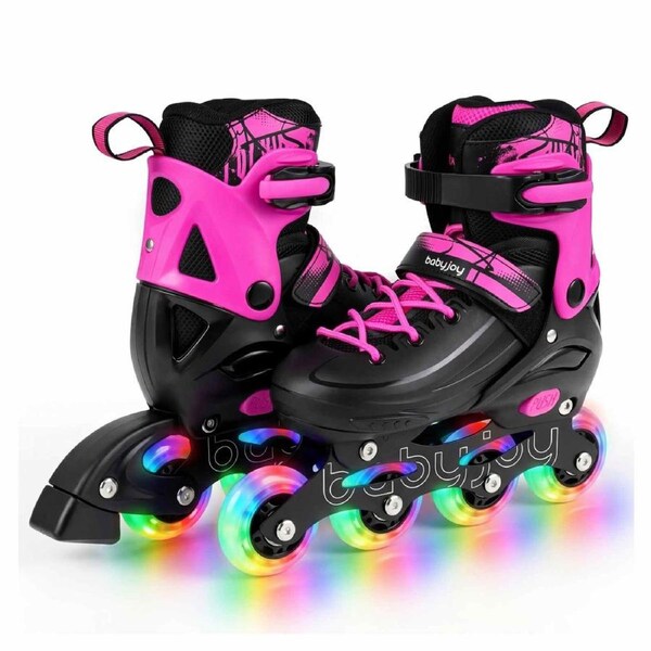Costway 4-Size Adjustable Roller Skates Inline Skating Shoes Roller Blades Light-up Gift Beginner Age 5-7 Pink