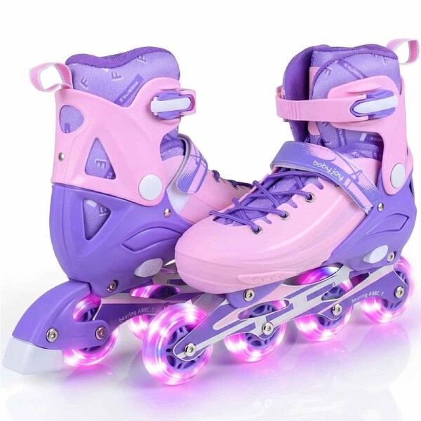 Costway 4-Size Adjustable Roller Skates Inline Skating Shoes Roller Blades Light-up Gift Beginner Age 7-9 Purple