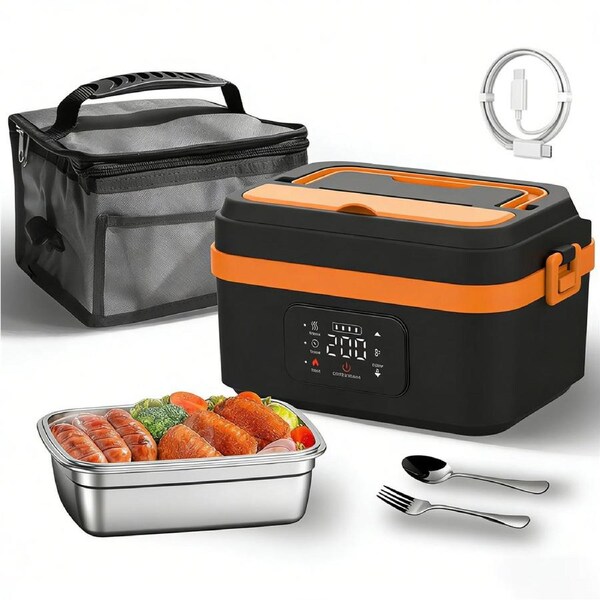 Catzon 1L Cordless Electric Heated Lunch Box Rechargeable Food Warmer-Orange