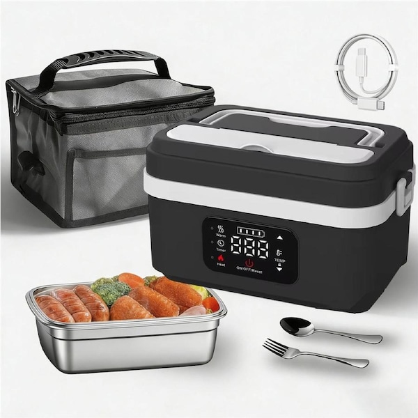 Catzon 1L Cordless Electric Heated Lunch Box Rechargeable Food Warmer-BlackWhite
