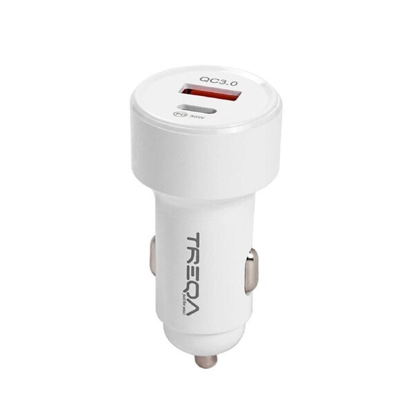 White 48W 2 Port Car Phone Charger Dual USB A C PD Metal 12V Cigarette iPhone Charging