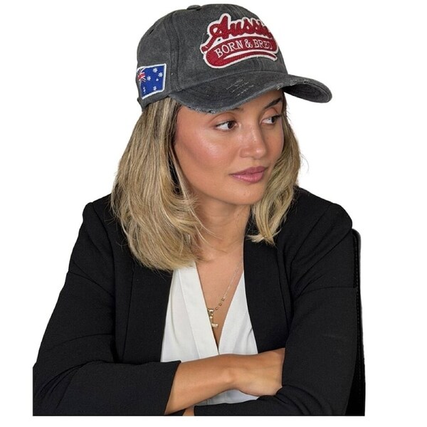AUSSIE BORN & BRED Unisex Distressed Adjustable Cap With Australian Flag Logo