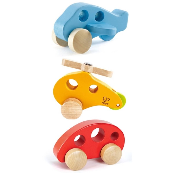 Little Plane & Copter & Mini Red Van Wooden Toy Play For Toddlers 10M