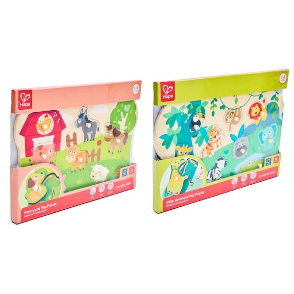 Farm & Wild Animals Peg Puzzle Wooden Educational Toy 2Y Multicolour
