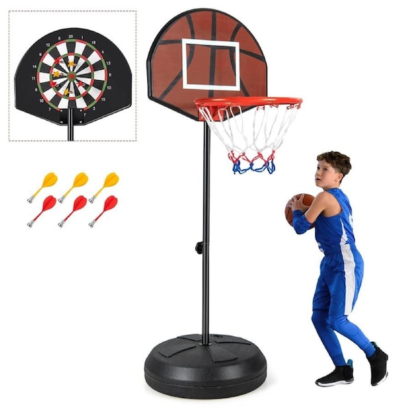 Babyjoy Kids 2-in-1 Basketball Hoop & Dart Board w/Adjustable Height Fillable Base Double-Sided Backboard & 6 Darts Portable Mini Basketball Goal