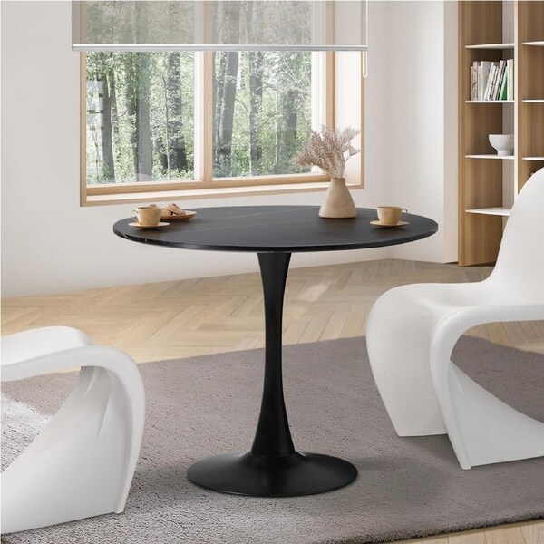 Oikiture 90-120cm Dining Table Kitchen Marble Tulip Metal Legs White/Black Style 2/90cm-Black
