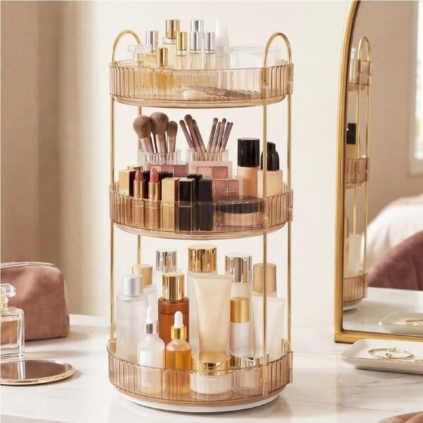 ILUS 360 Degrees Rotating Makeup Organiser w/ Gold Vanity Cosmetic Holder