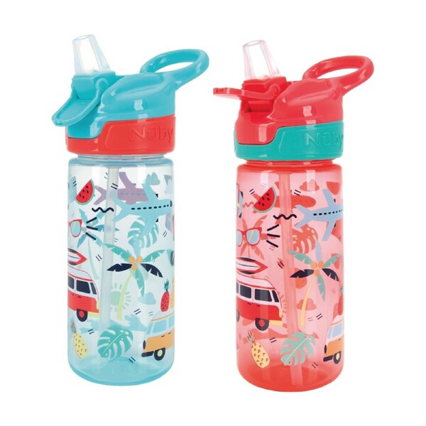 2x Nuby Super Quench Cup Vacation No-Spill Kids Water Bottle 540ml Blue/Red 18m+