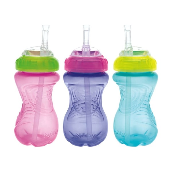 3pc Nuby No Spill Flexi-Straw Gripper Cup Kids Drink Bottle Girl 12m+