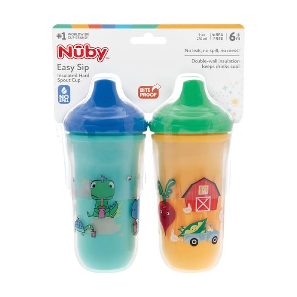 2pc Nuby Insulated Hard Top Spout No Spill Cup 270ml Assorted 6m+