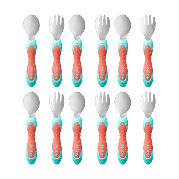 6x 2pc Nuby Stainless Steel Fork & Spoon Set Easy Grip Multicolour 12m+