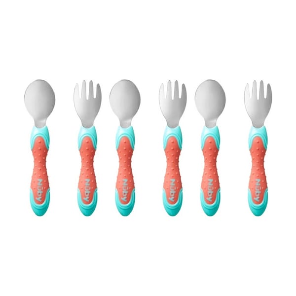 3x 2pc Nuby Stainless Steel Fork & Spoon Set Easy Grip Multicolour 12m+