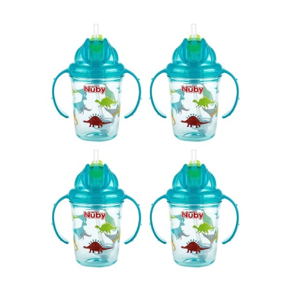 4x Nuby Printed Flip-It Cup No Spill Silicone Straw 240ml Multicolour 12m+