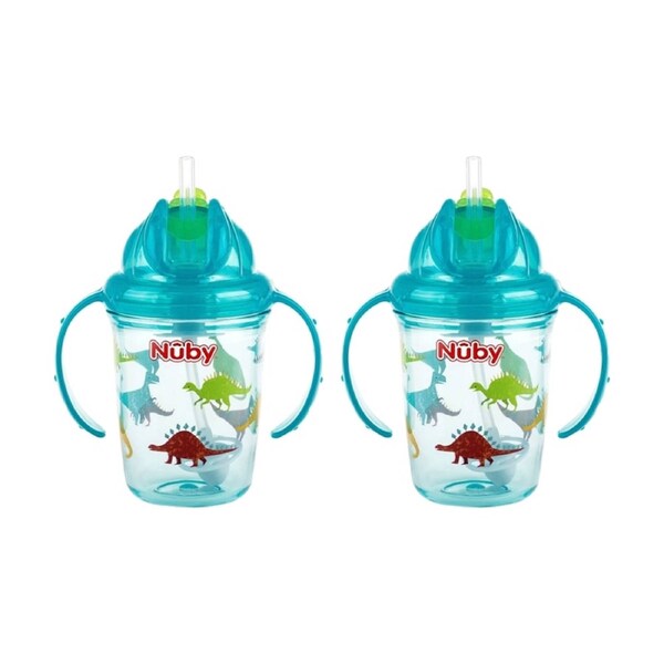 2x Nuby Printed Flip-It Cup No Spill Silicone Straw 240ml Multicolour 12m+