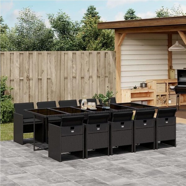 11 Piece Garden Dining Set with Cushions Black Poly Rattan vidaXL