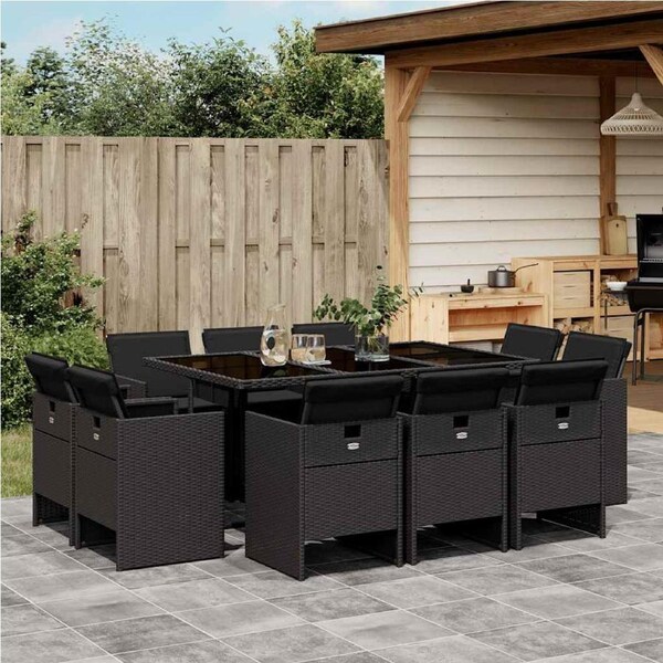 11 Piece Garden Dining Set with Cushions Black Poly Rattan vidaXL
